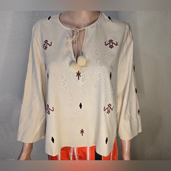 Madewell Embroidered  Top Raw Silk Noil Yarn Size Sm Beige Tribal Print Western - Picture 2 of 14